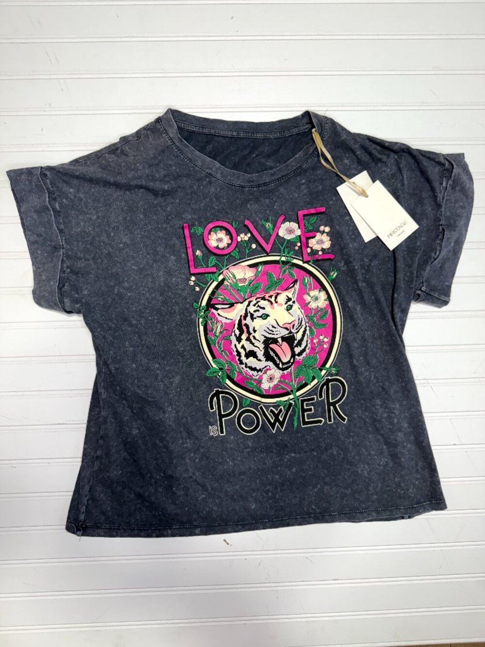 Firstage Firenze Love Is Power Tiger Graphic Tee NWT Cotton Small Oversized